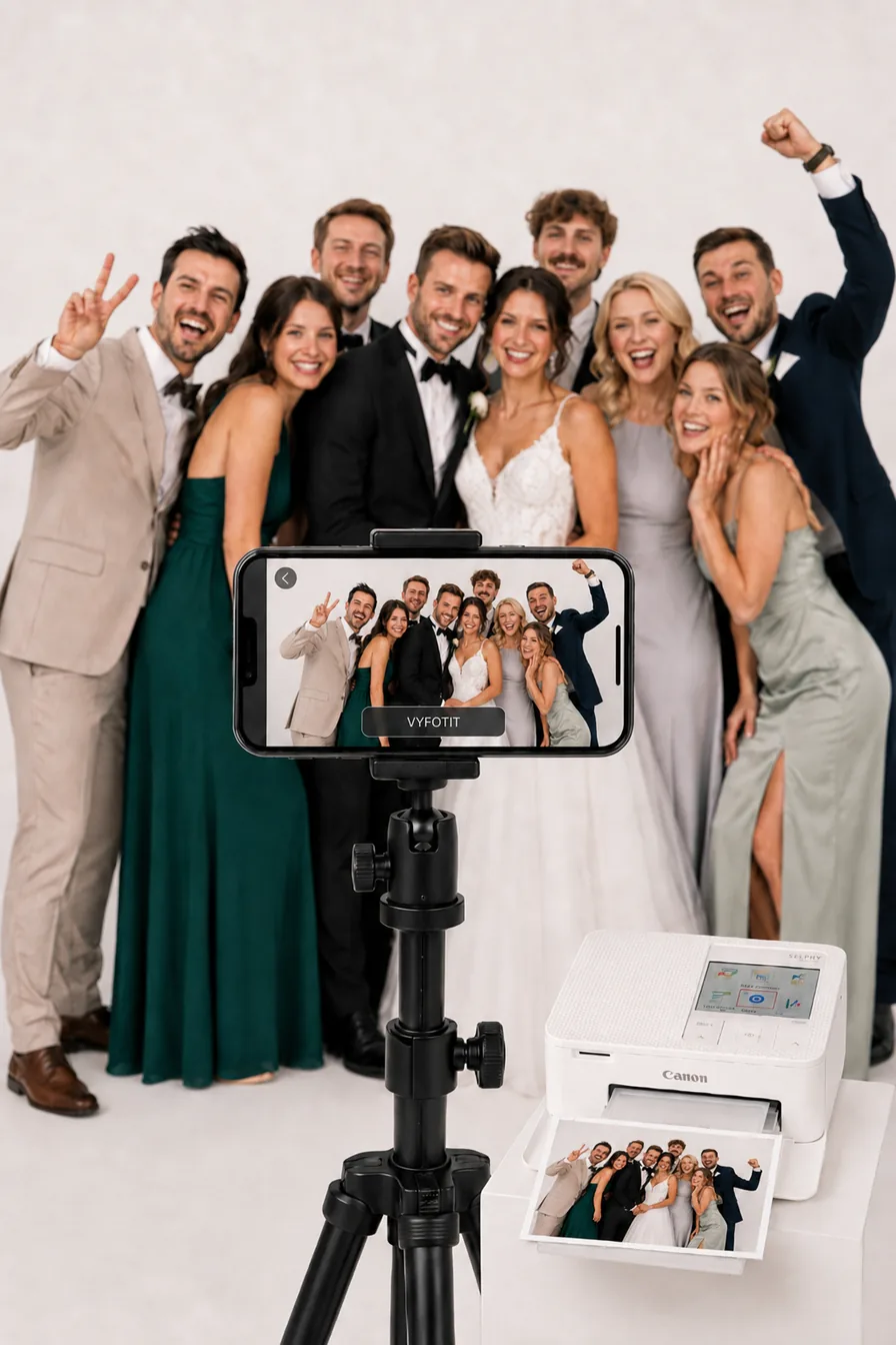 Svatebčané se fotí sami — telefon na stativu s naší aplikací v režimu fotokoutku a fototiskárna Canon, ze které právě vyjela vytištěná fotka